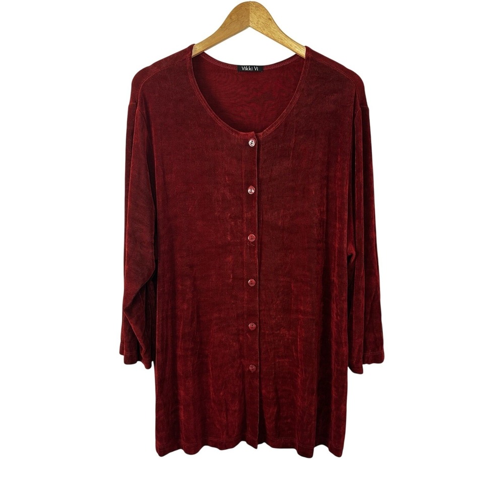 Vikki Vi Tunic Top Womens 2X Dark Red Button Up Slinky Travel Shirt Jacket USA